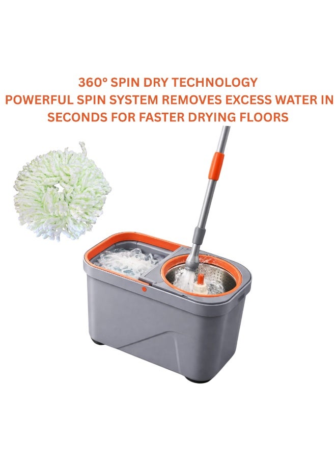 ARABIQO Spin Mop & Bucket Set System with Wheels, Hands-Free Wringer, Stainless Steel Handle, Microfiber Mop Heads, Removes 99% Bacteria, Easy Clean Floor Mop for Tile, Marble, Wood & All Floor Types - Image 4